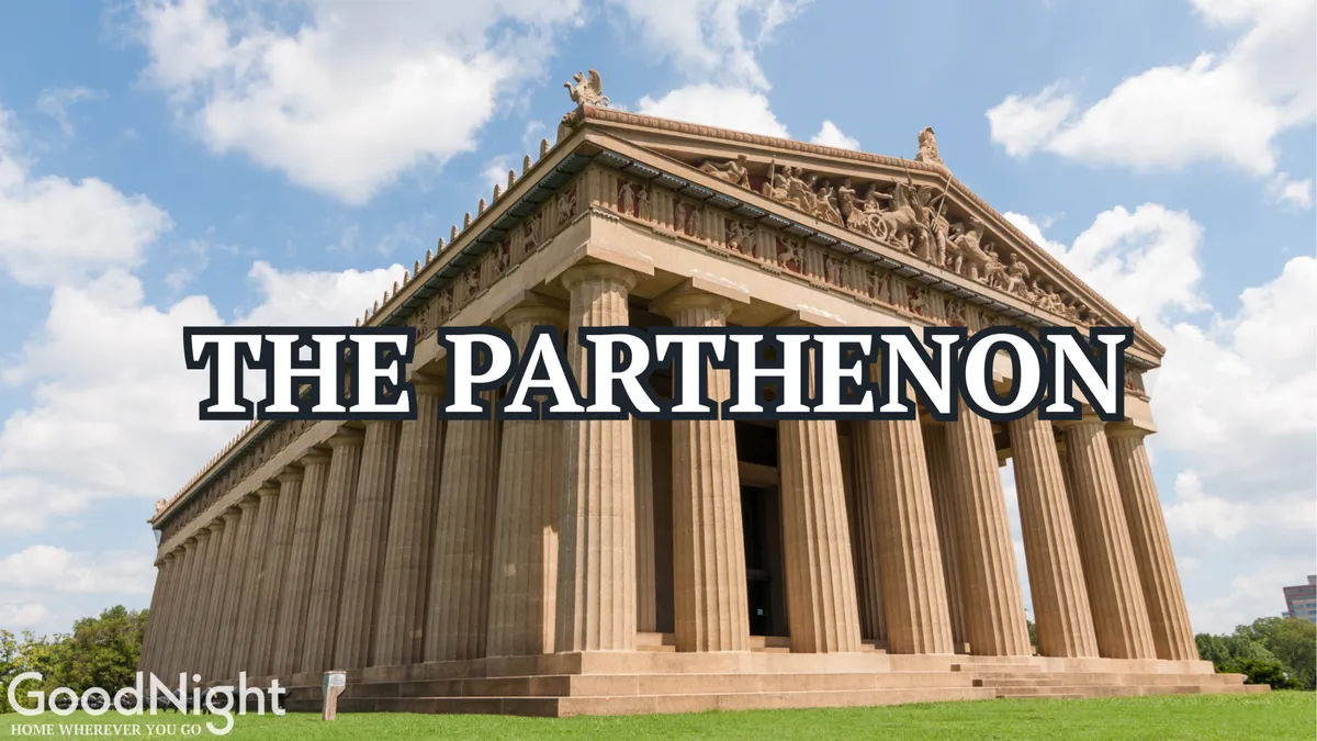 This exterior image showcases the iconic Parthenon structure in Centennial Park, featuring its detailed columns and sculptural pediment. The scene is vibrant and inviting, highlighting the historical and educational appeal of one of Nashville’s top family-friendly attractions.
