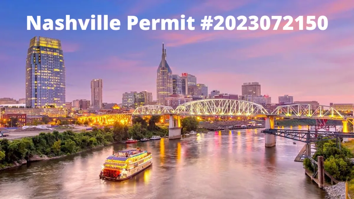 A panoramic view of the Nashville skyline at dusk, with a riverboat gliding along the sparkling river and bridges connecting the city. The city lights reflect beautifully on the water, capturing the lively, urban atmosphere of Music City after dark.